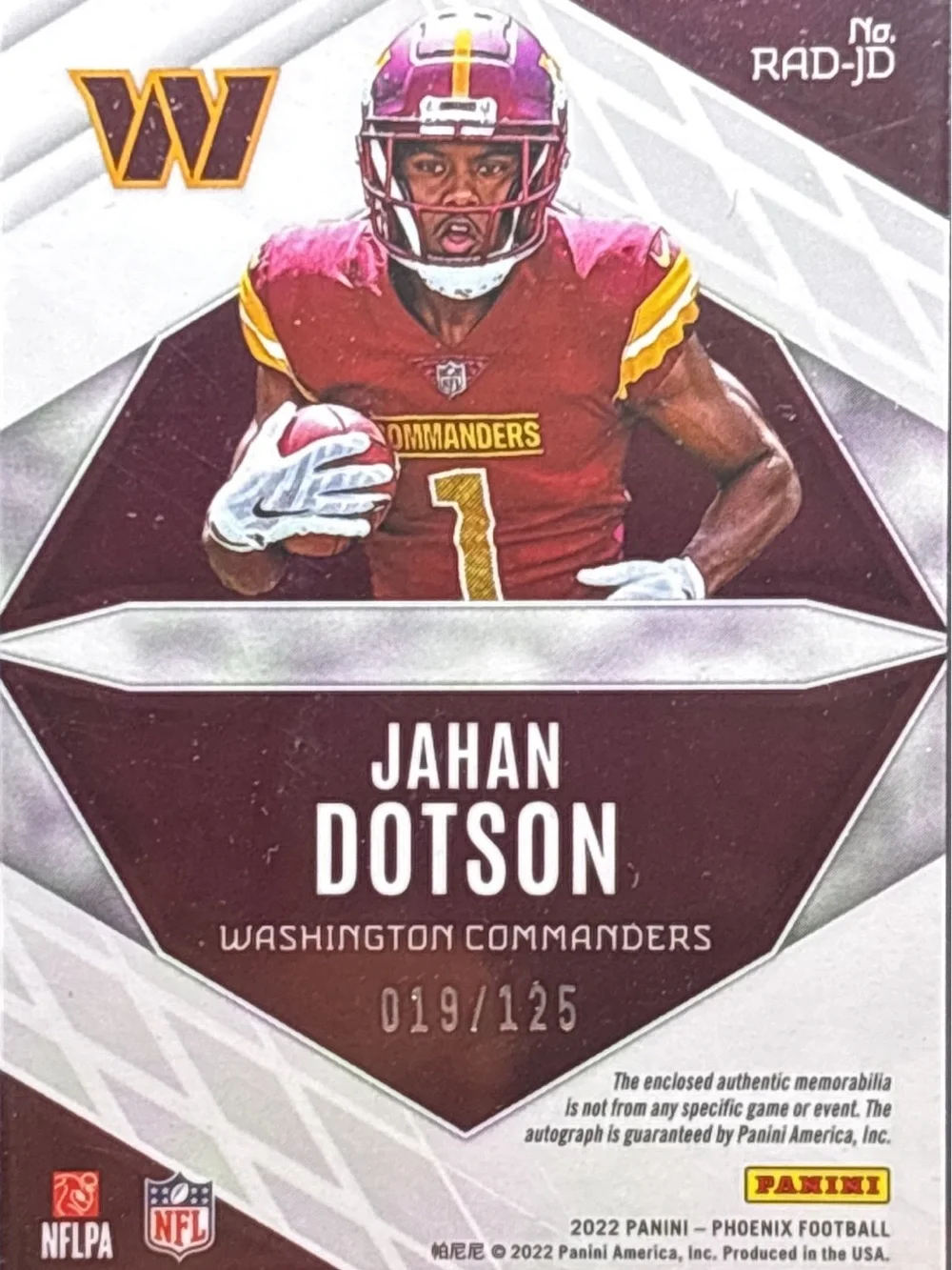 Panini Jahan Dotson Rookie Card - Auto, Memorabilia LE 19/125